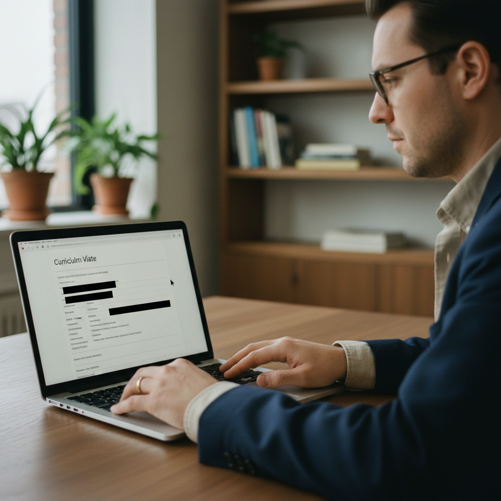 An HR manager at their desk, using a laptop to redact personal information from a PDF version of an employee CV.