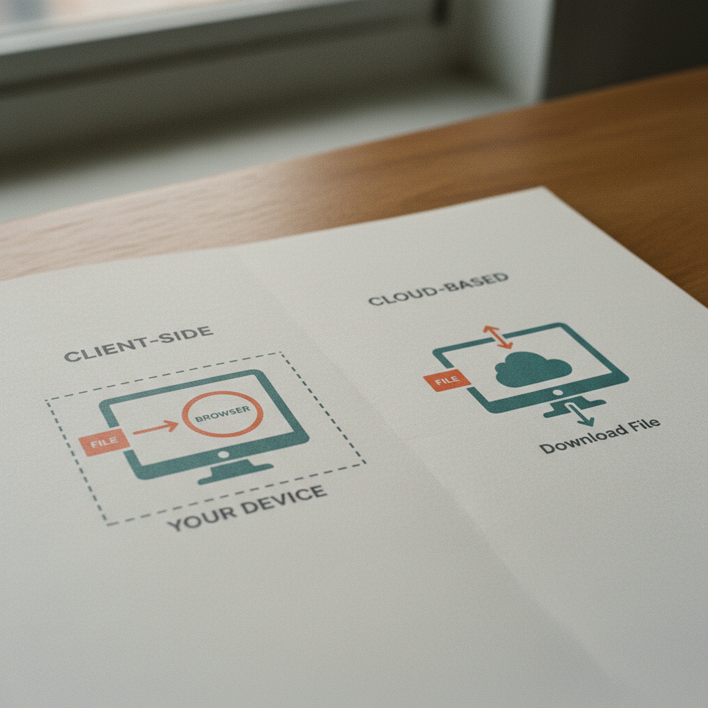 A side-by-side comparison diagram showing the difference between client-side and cloud-based PDF processing.