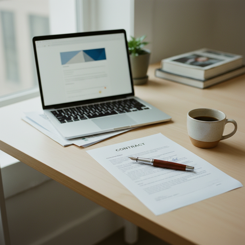 A professional at a wooden desk reviews a printed contract next to a laptop displaying a PDF editing interface in the browser.
