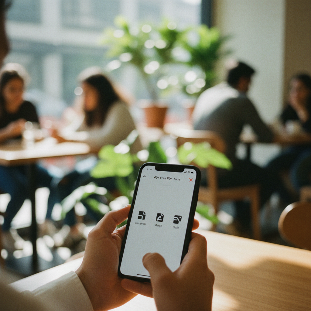 A person holding a smartphone, displaying a PDF tool interface, demonstrating the 'offline test' in a cafe setting.