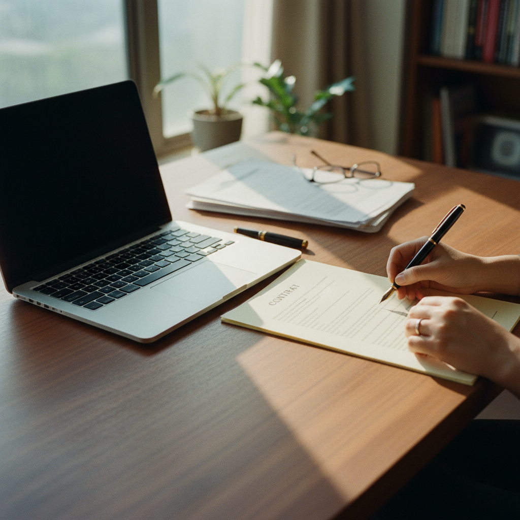 A close-up of a person's hands at a wooden desk in an office in India, using a laptop with a generic browser window open, with a printed contract and a pen nearby.
