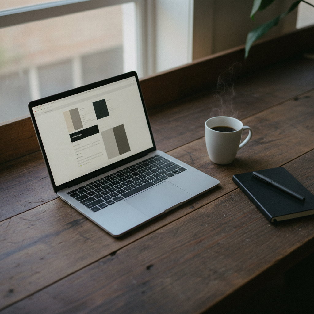 Una scrivania ordinata con un laptop aperto su un'applicazione di modifica PDF, accanto a un quaderno e una tazza di caffè.