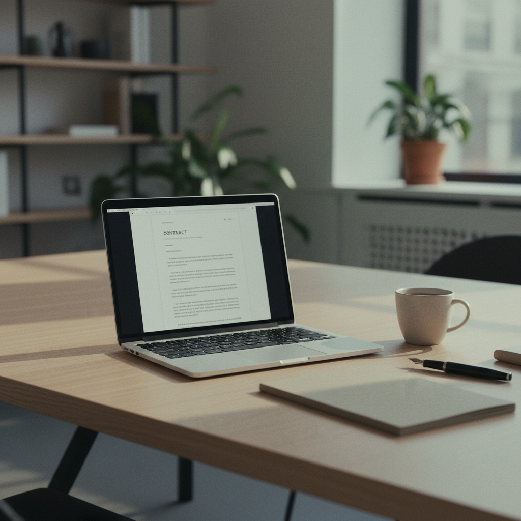 Een professioneel bureau in een modern Nederlands kantoor met een laptop waarop een PDF-contract zichtbaar is, klaar om ondertekend te worden.