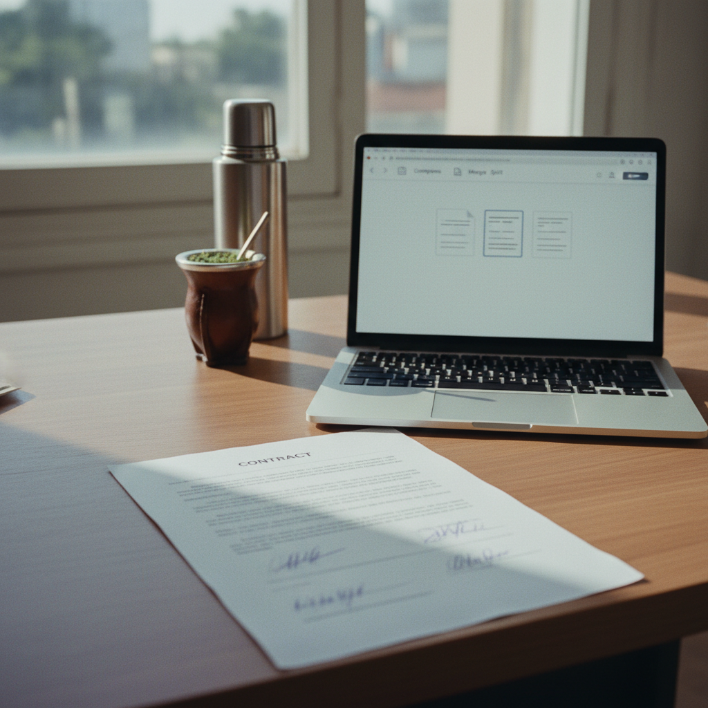 Un abogado en su escritorio en Buenos Aires revisando un contrato impreso junto a una laptop que muestra una interfaz de edición de PDF.