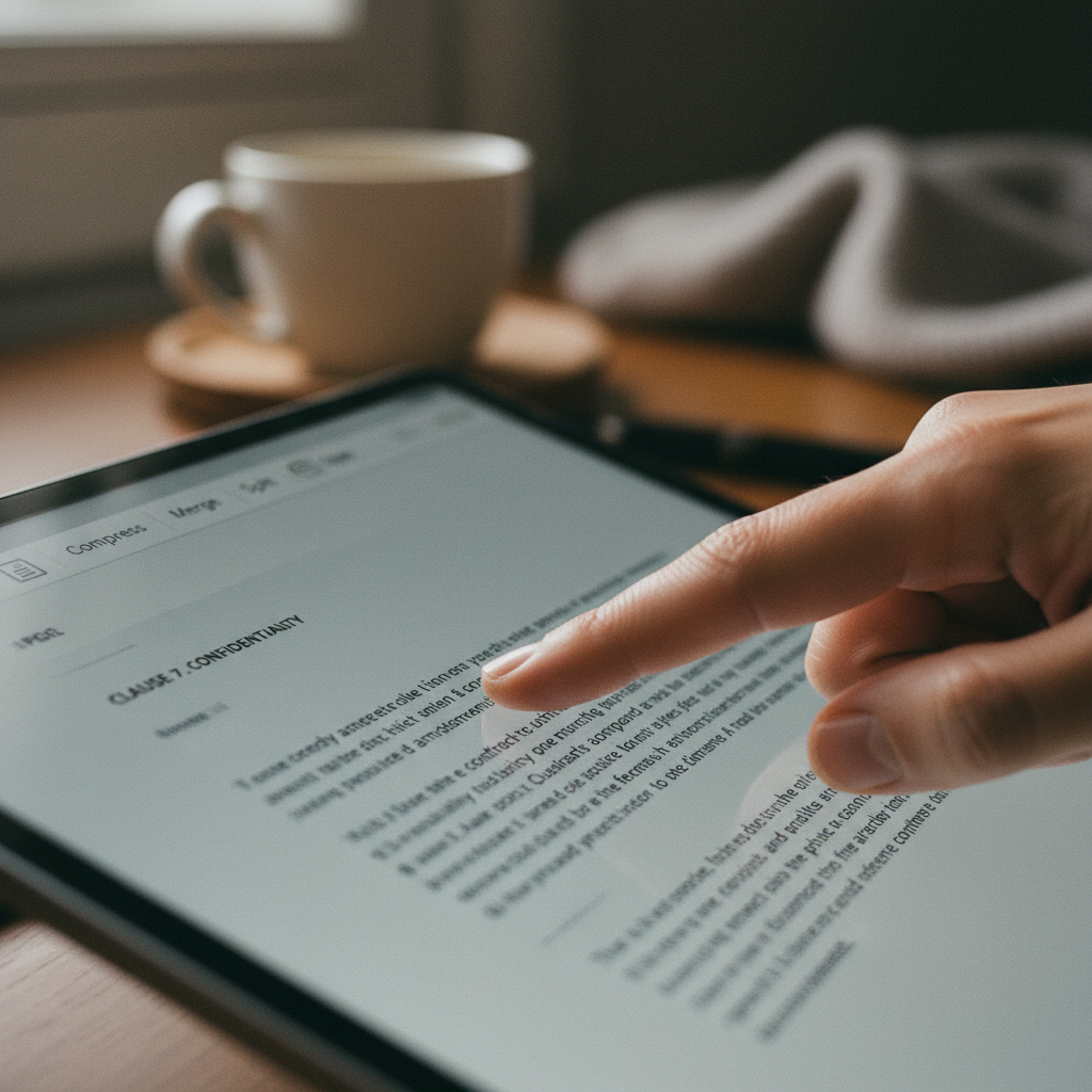 Primer plano de los dedos de una persona señalando una cláusula en un documento legal en formato PDF en una tablet.