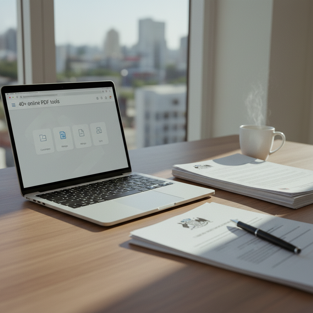 Un escritorio de oficina ordenado con un computador portátil mostrando una interfaz de gestión de PDF, junto a documentos impresos y una taza de café.