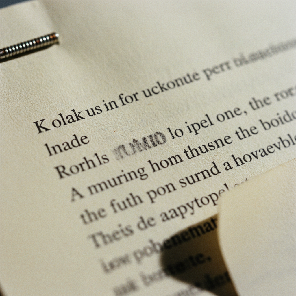 Primer plano de un documento escaneado de baja calidad, mostrando texto borroso y una página ligeramente torcida, ilustrando los desafíos del OCR.
