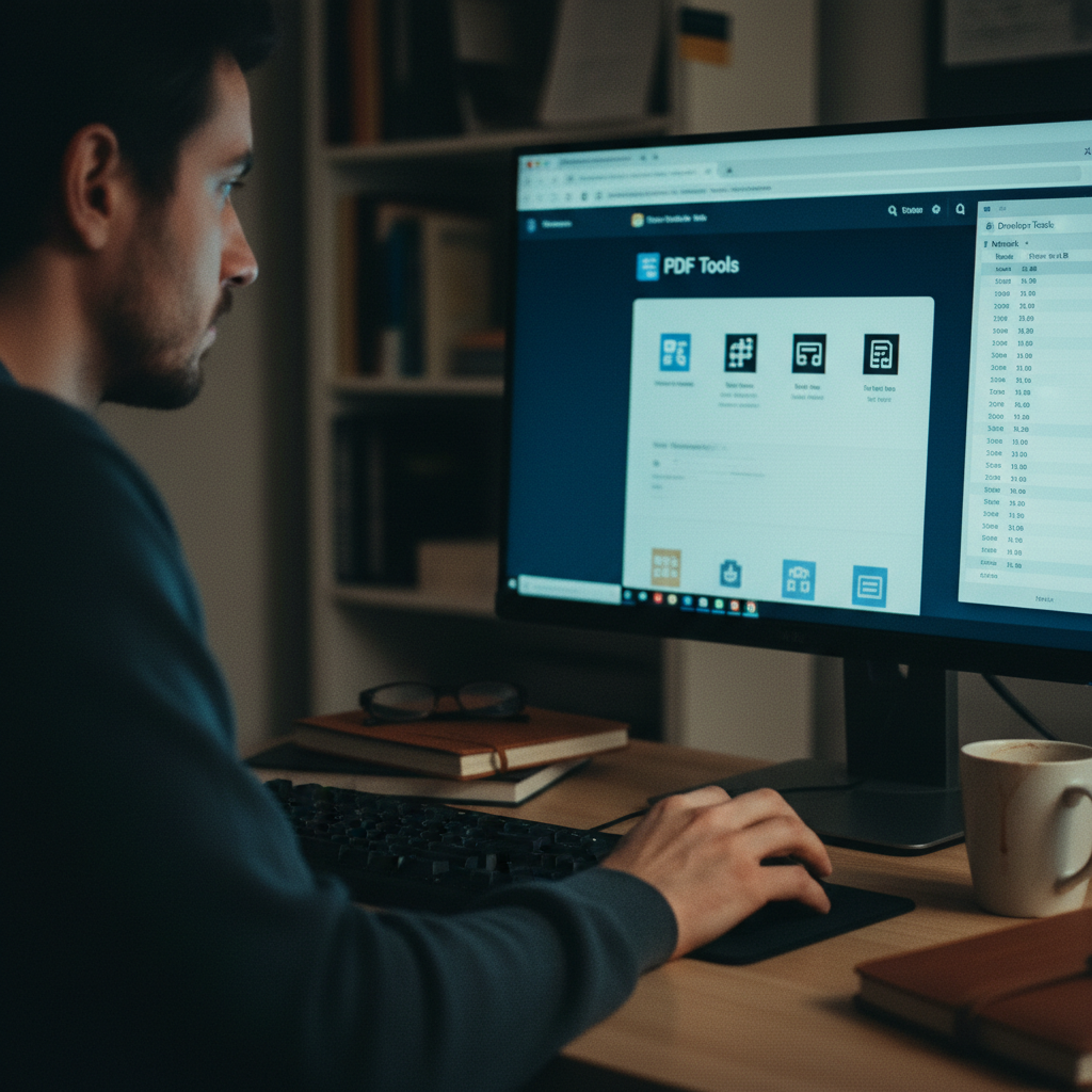 Una persona utilizando las herramientas de desarrollo del navegador para inspeccionar el tráfico de red de un sitio web de herramientas PDF, verificando la privacidad.