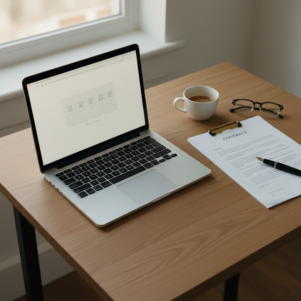 A home office desk with a laptop open to a web-based PDF editor, a physical contract, and a pen nearby.
