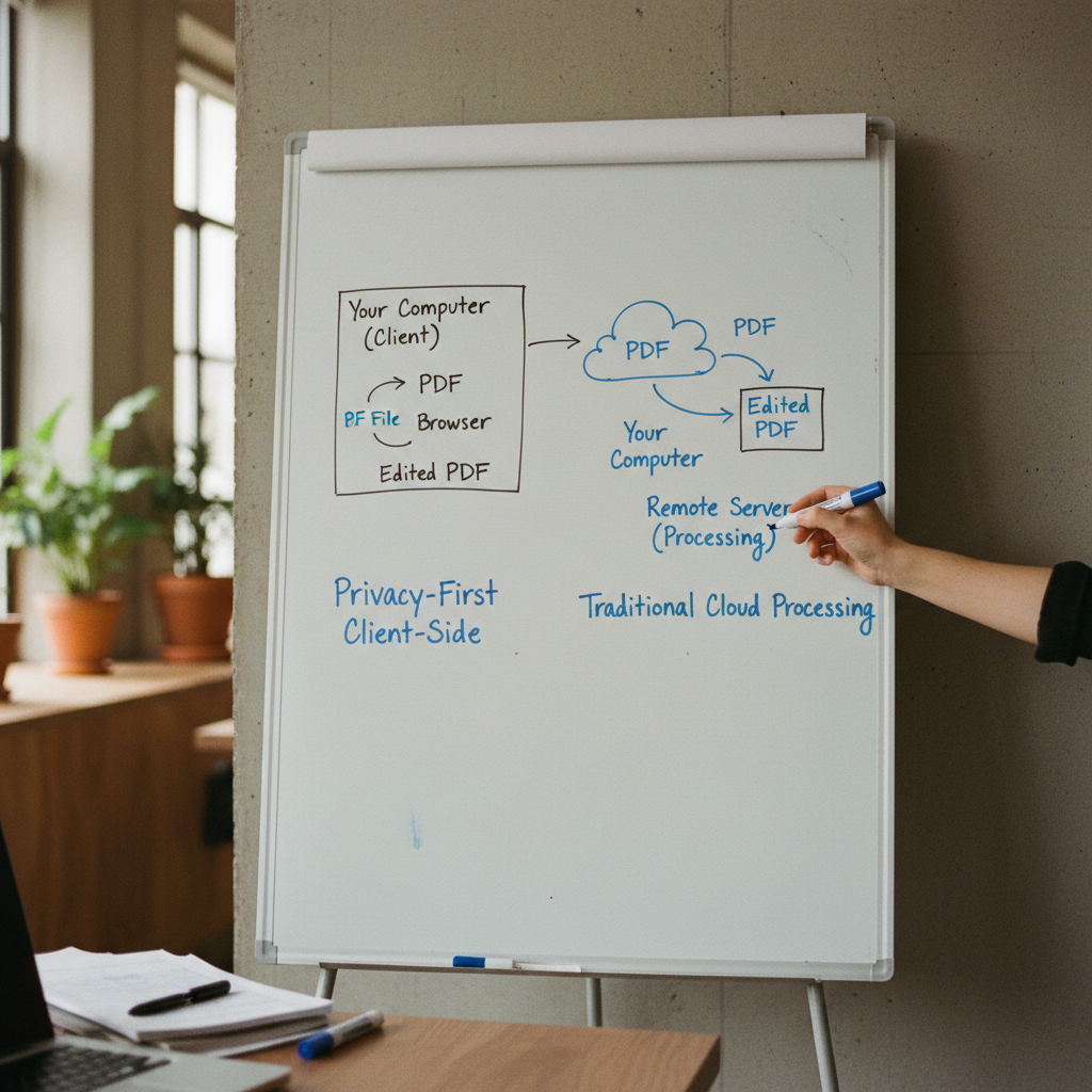 A diagram on a whiteboard showing the difference between client-side and server-side file processing.