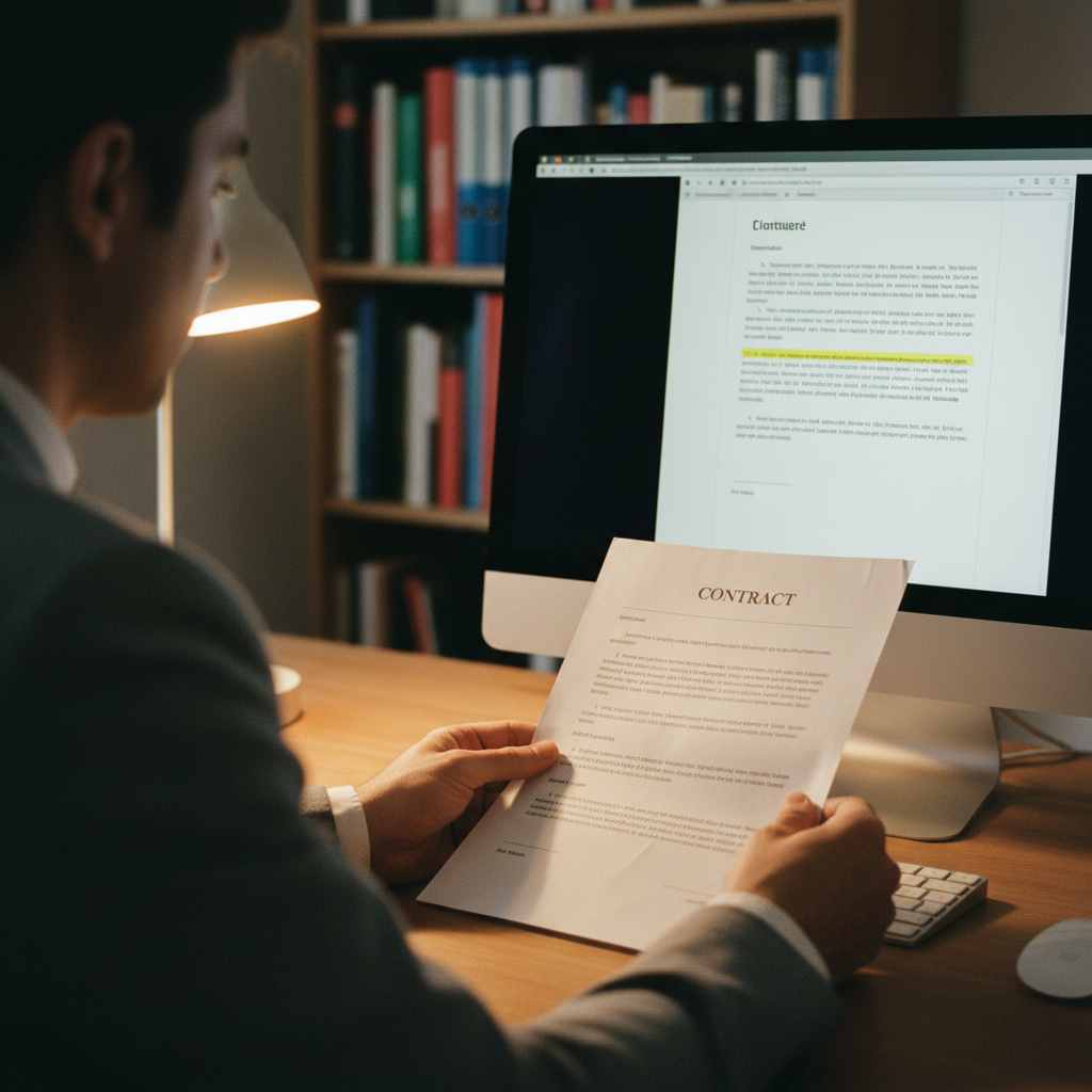 Primer plano de una persona comparando un documento escaneado en un monitor con el documento original en papel.