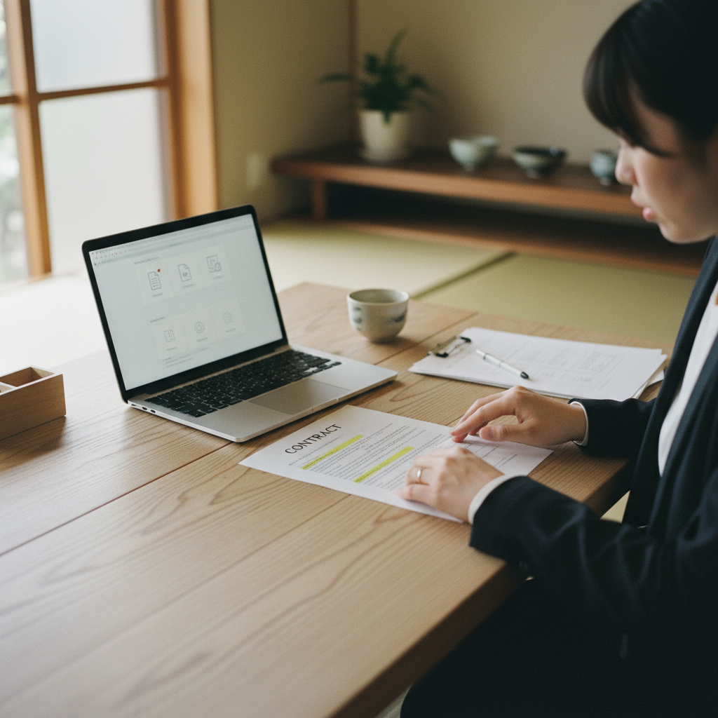 日本のオフィスで、機密文書のプライバシーについて議論している二人の専門家。