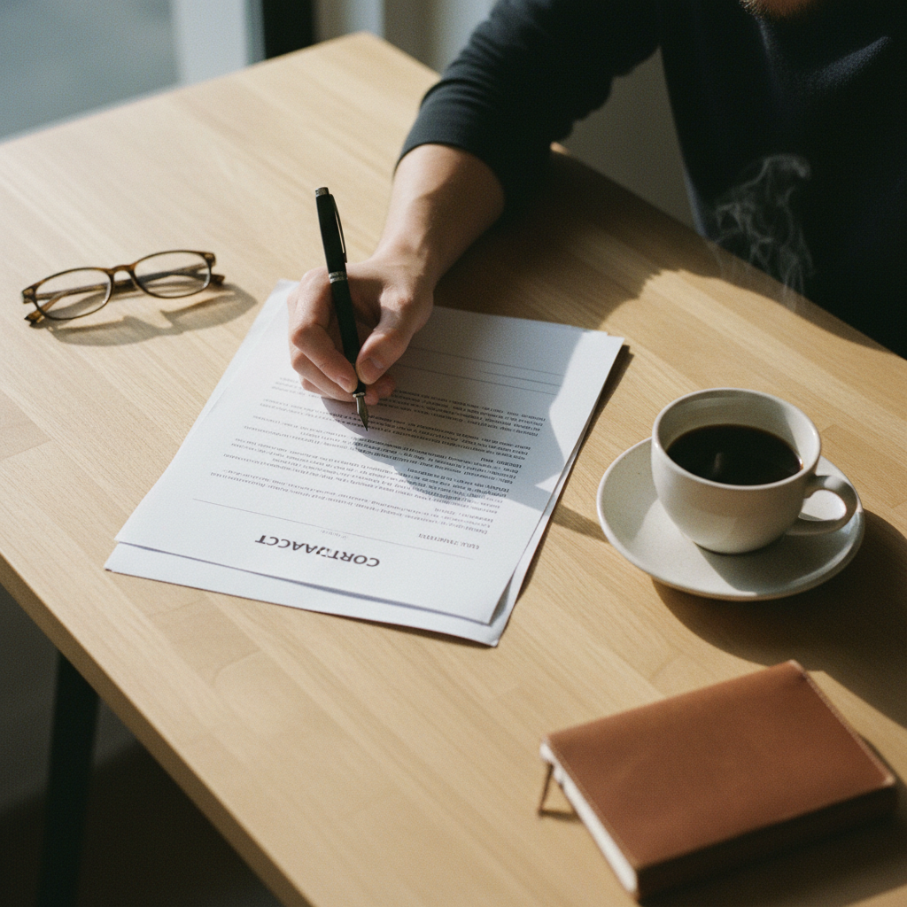 Eine Person sitzt an einem minimalistischen Schreibtisch aus Holz und unterschreibt einen ausgedruckten PDF-Vertrag mit einem Füllfederhalter.