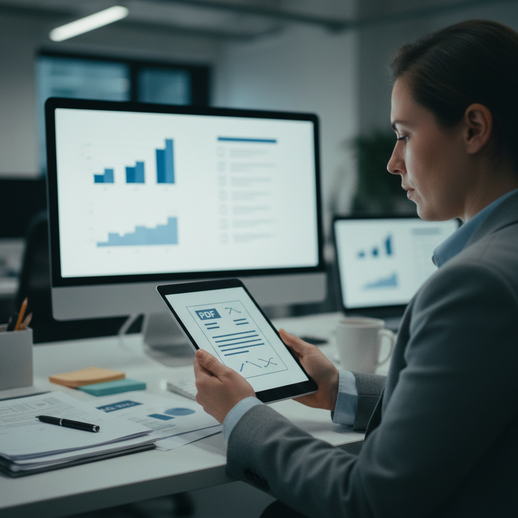 Ein Compliance-Manager prüft ein digitales Dokument auf einem Tablet, wobei Diagramme zur Barrierefreiheit auf einem zweiten Monitor im Hintergrund sichtbar sind.