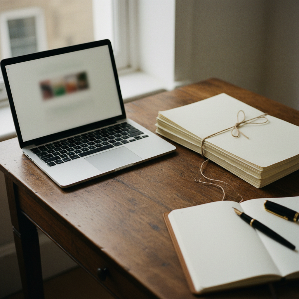 A solicitor's desk with a laptop open to a document, a stack of paper contracts tied with a ribbon, and a fountain pen.