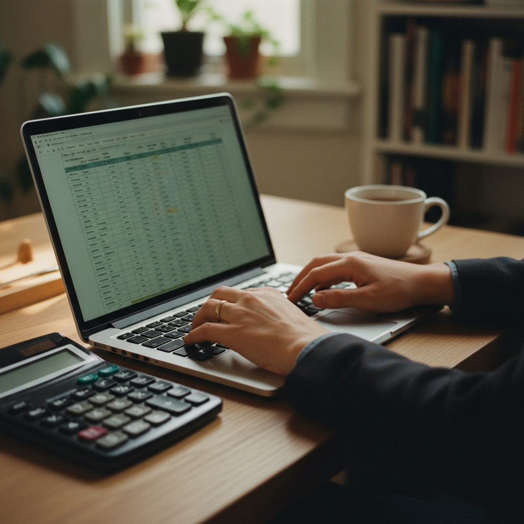 Close-up of an accountant's hands using a laptop, with financial charts on screen and a calculator nearby.