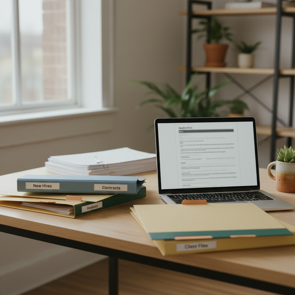 An HR manager's workspace with employee files in folders and a laptop showing a PDF application form.