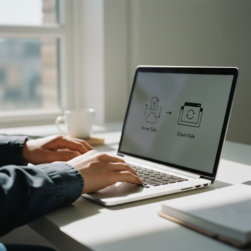 A close-up shot of a person's hands using a laptop trackpad, with a diagram on the screen showing the difference between server-side and client-side processing.