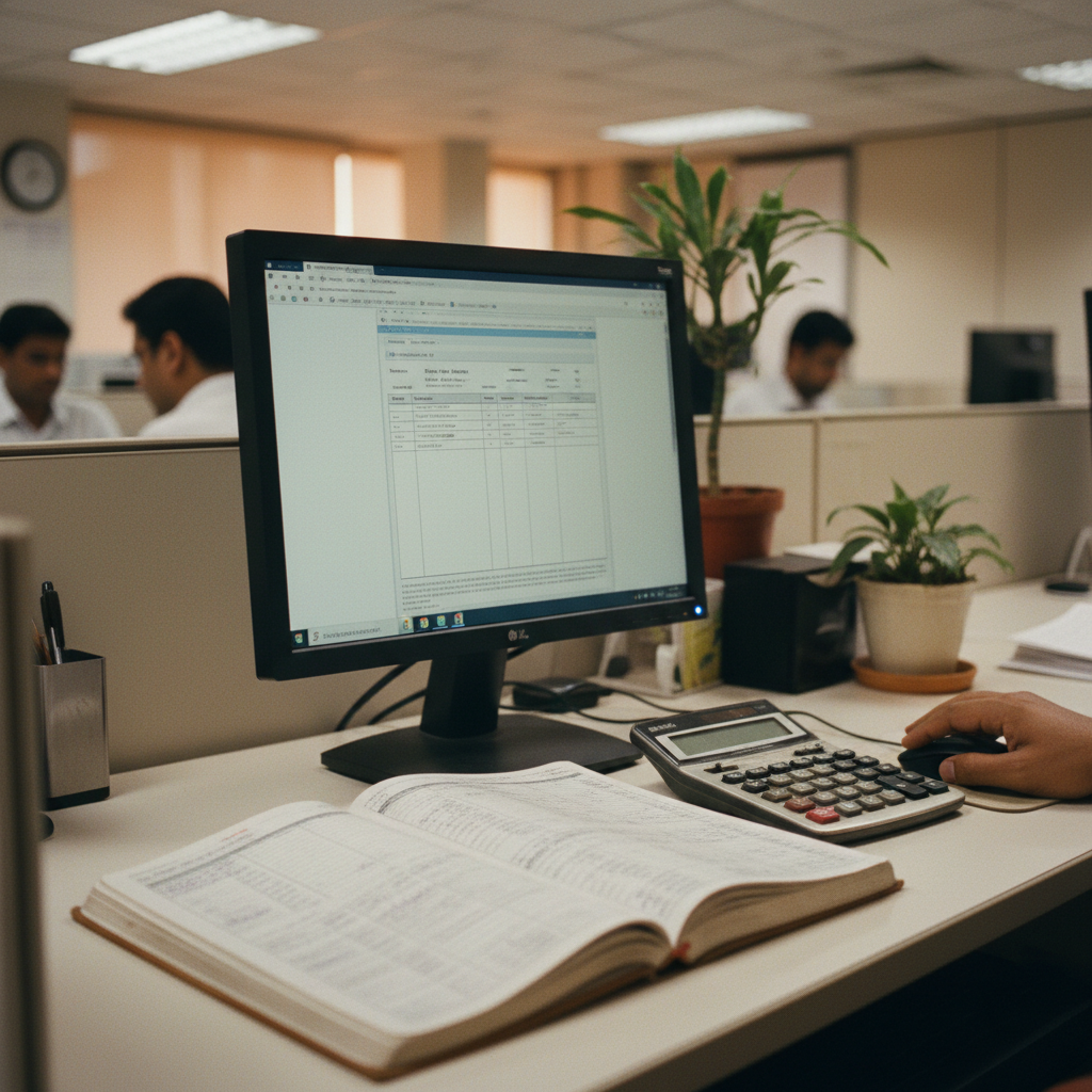 A chartered accountant's workspace in Mumbai, with a computer screen showing a PDF invoice and a calculator and ledger book nearby.