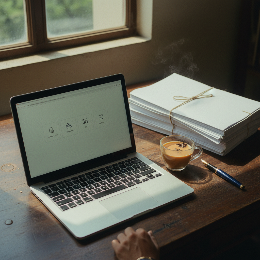 An overhead view of a wooden desk in an office in Delhi, India, with a laptop open to a PDF editing interface, alongside a stack of physical contracts, a cup of chai, and a pen.