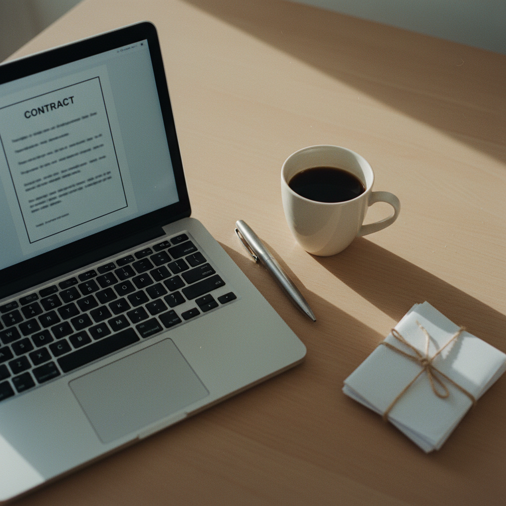 A clean, organized desk with a laptop open to a PDF document, a cup of coffee, and some paper contracts nearby.