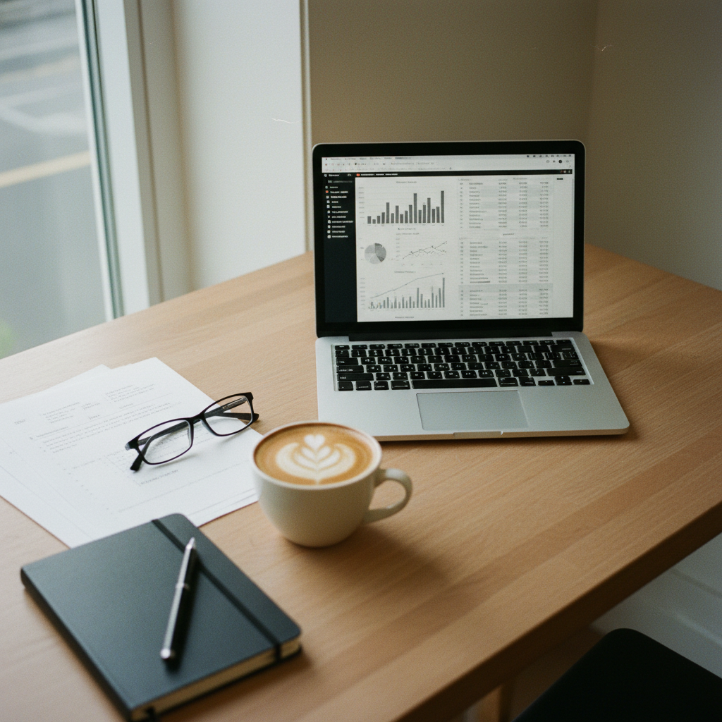 An office desk with a laptop open to a PDF document, with a pair of glasses and a coffee cup nearby.