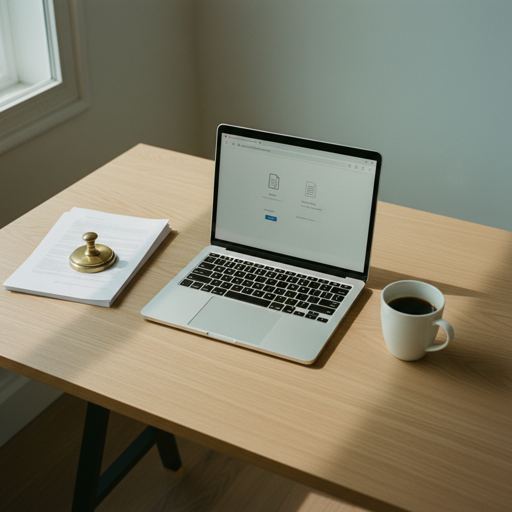 Un bureau en bois clair vu de dessus, avec un ordinateur portable ouvert sur un outil PDF, une tasse de café, et des documents papier à côté.