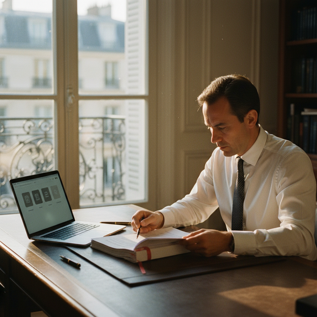Un avocat dans un bureau parisien examine un contrat papier, avec un ordinateur portable ouvert à côté.