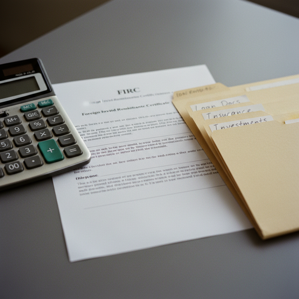 A stack of neatly organized folders and a Foreign Inward Remittance Certificate (FIRC) document on a desk next to a calculator.