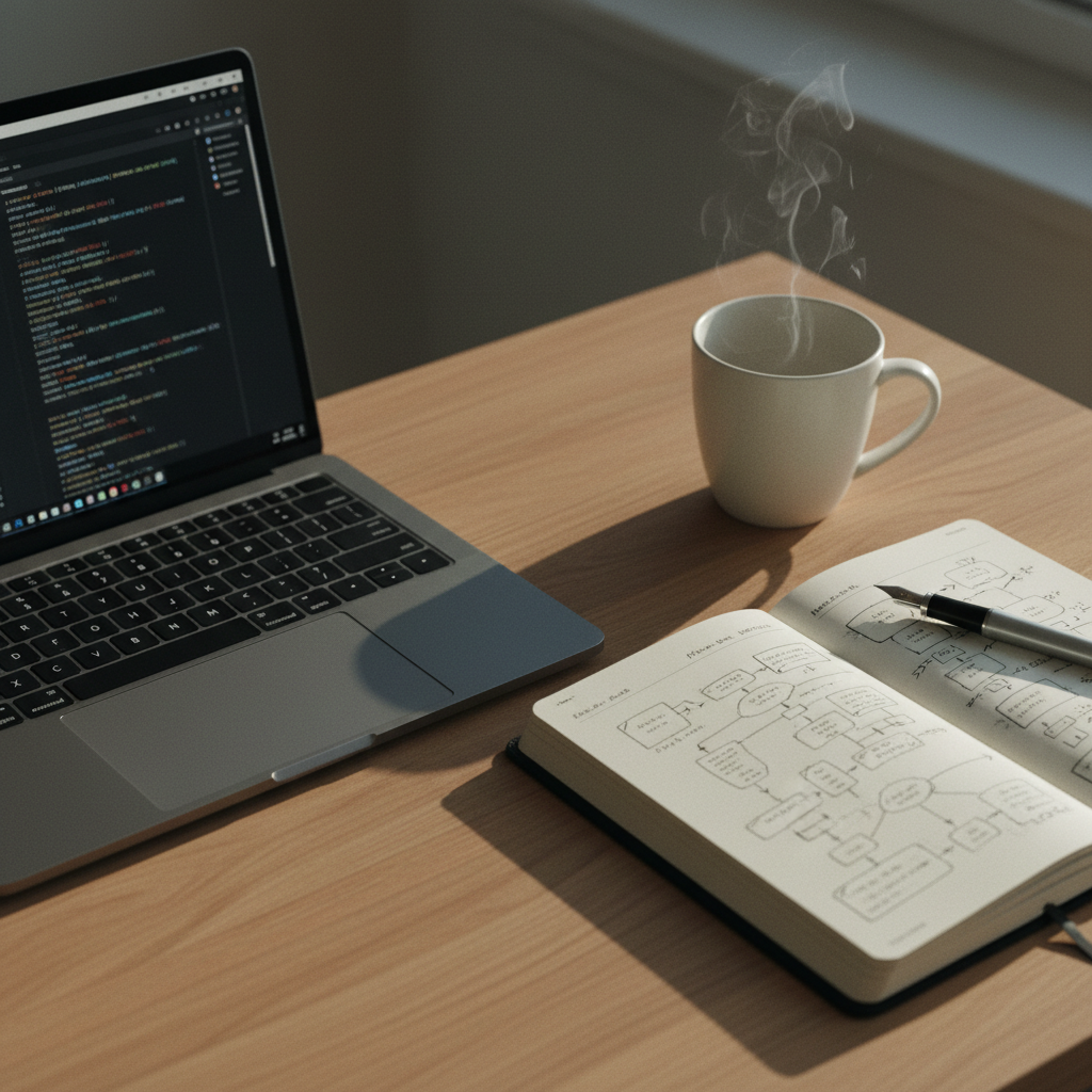A clean, organized wooden desk with a high-end laptop, a notebook with handwritten code snippets, and a ceramic mug of coffee in morning light.