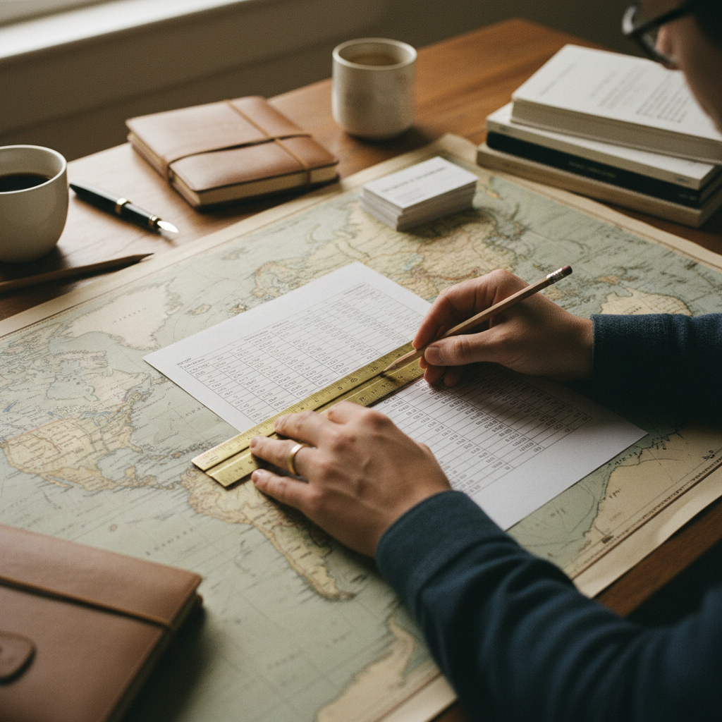 A close-up of a person’s hands using a calculator next to a legal document and a world map.