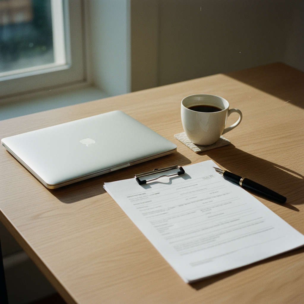 A wooden desk with a vintage typewriter, a modern laptop, a cup of black coffee, and a stack of paper ledgers in a sunlit room.