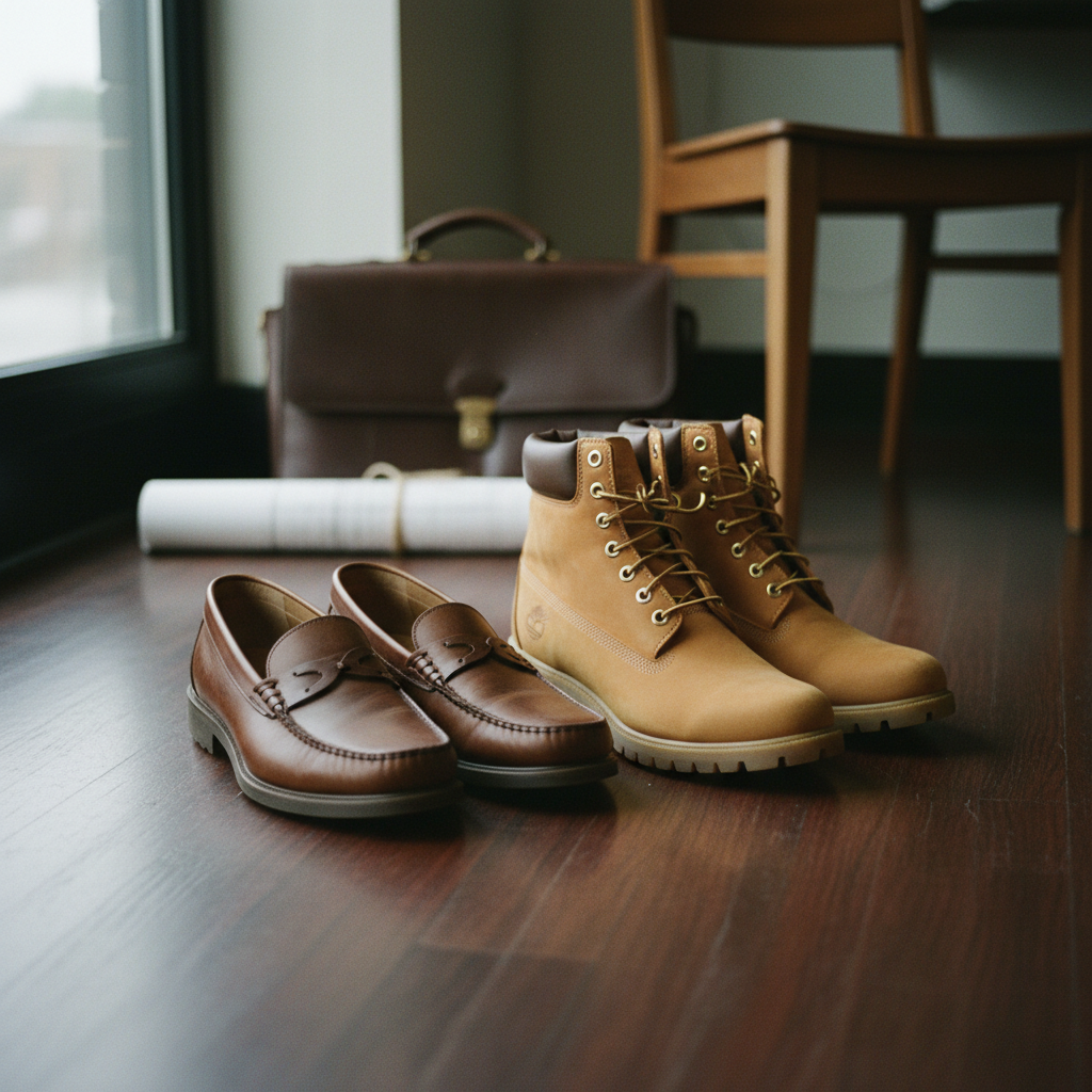 A pair of polished brown Geox loafers and rugged wheat Timberland boots sitting on a dark wooden floor next to a leather briefcase.