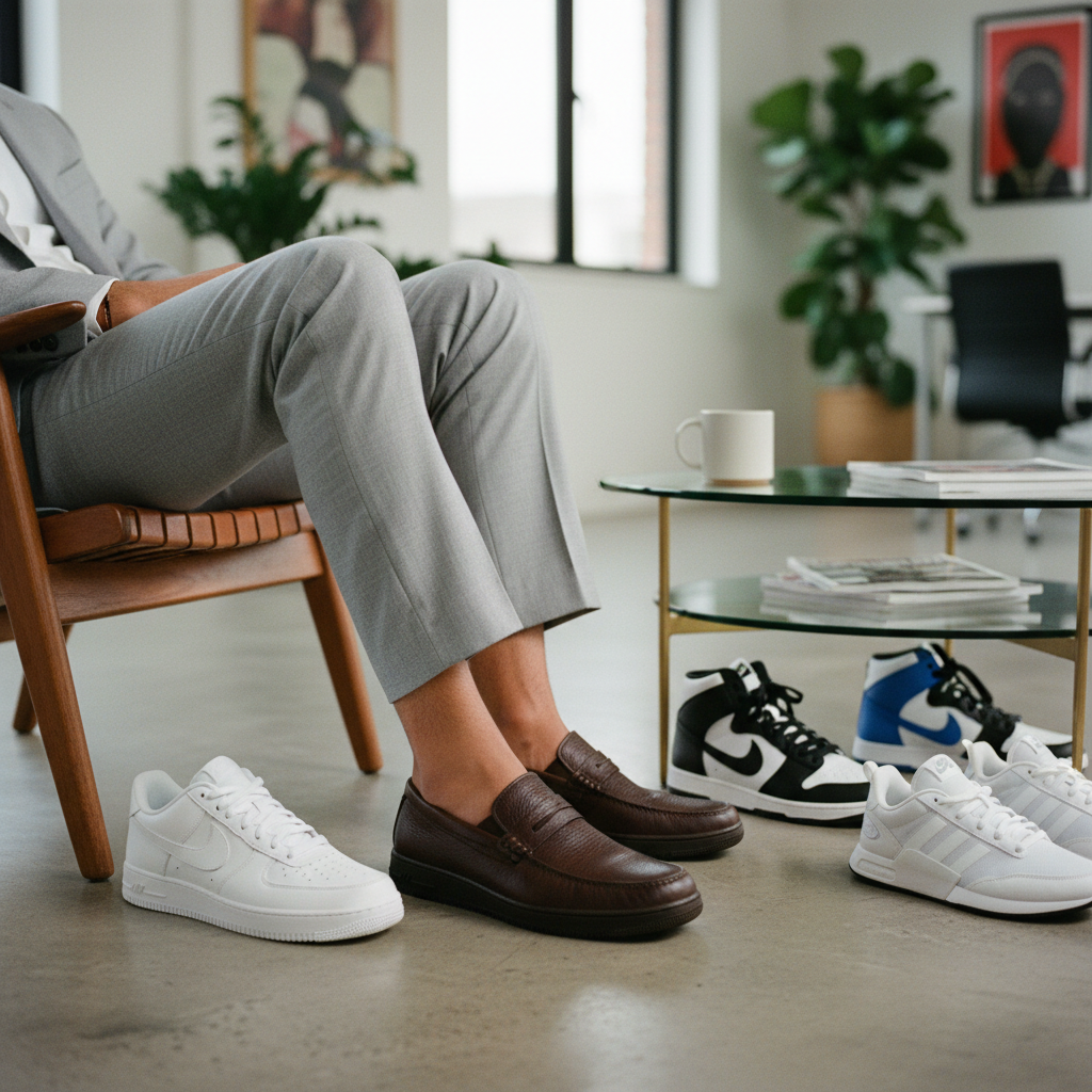 A man wearing Geox loafers sitting in a modern Nigerian office setting, crossing his legs.平衡控制系统