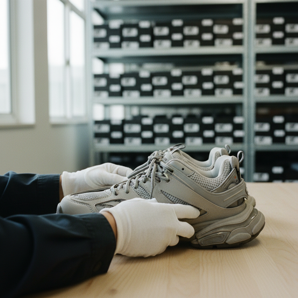 A close-up of a person inspecting the stitching and sole of a Balenciaga Track sneaker in a well-lit warehouse setting.