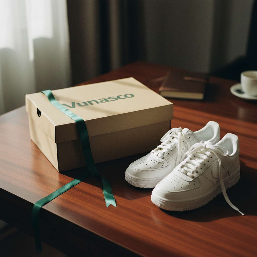 A pair of crisp white Nike Air Force 1 sneakers sitting on a clean wooden table next to a premium delivery box and a wrapped gift ribbon.