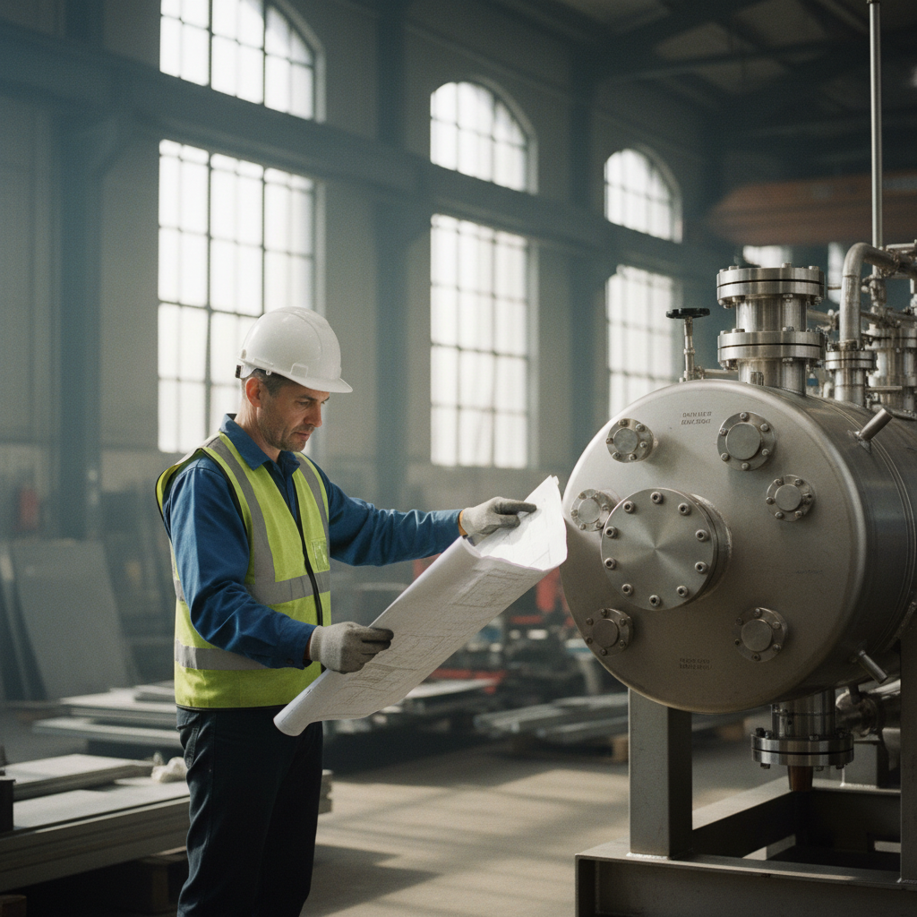 A technical inspector in high-visibility gear reviewing a thick dossier of engineering drawings next to a large stainless steel pressure vessel in a bright industrial workshop.