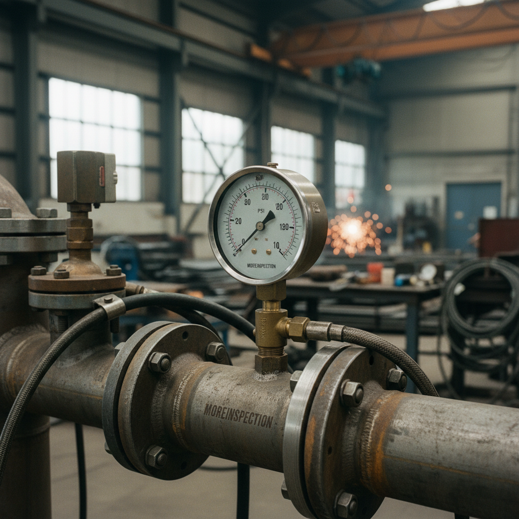Close-up of a calibrated pressure gauge showing a steady reading during a hydrostatic test of a pipe spool.