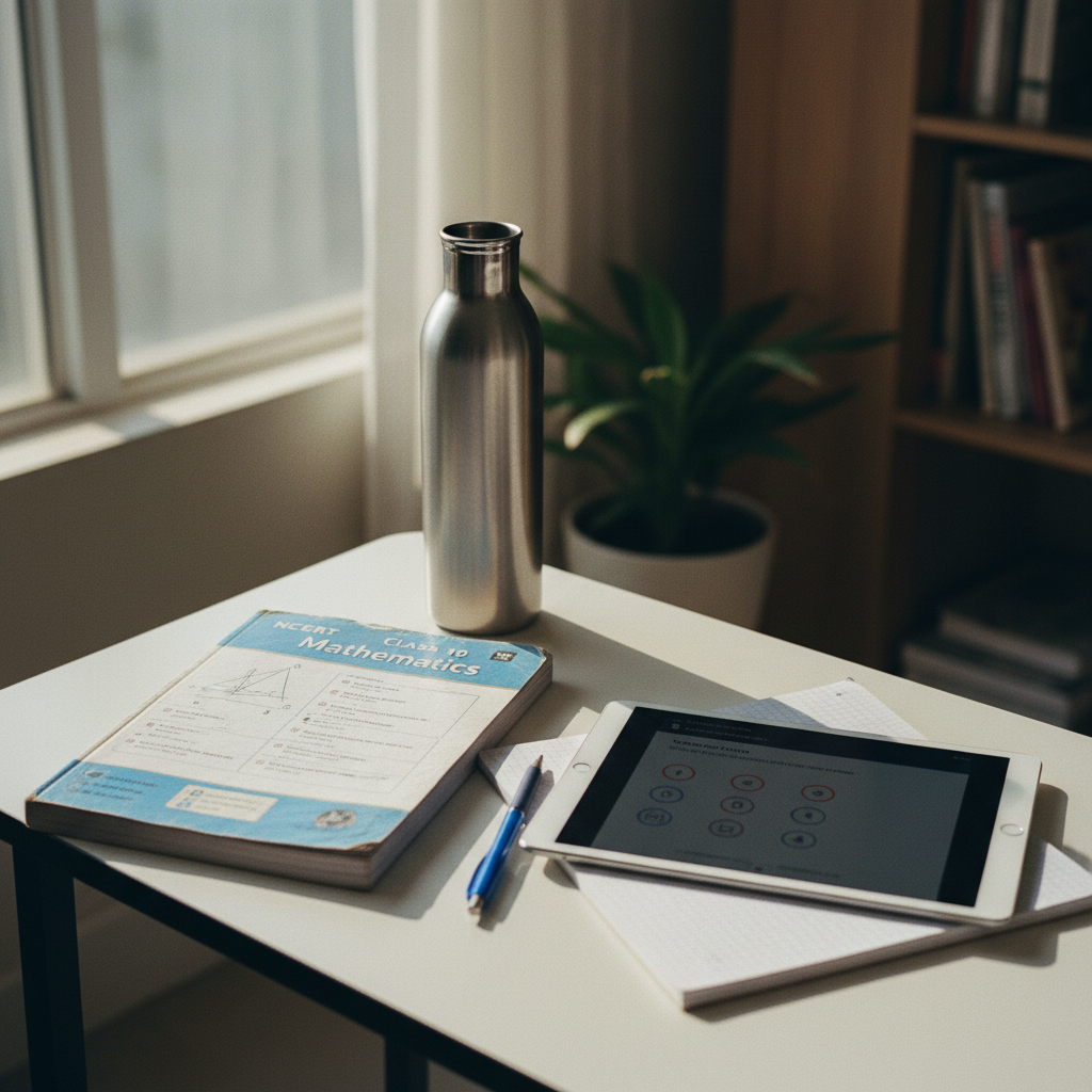 A wooden study desk in an Indian home featuring an open NCERT Science textbook, a spiral notebook with handwritten diagrams, and a tablet showing a digital question bank interface.