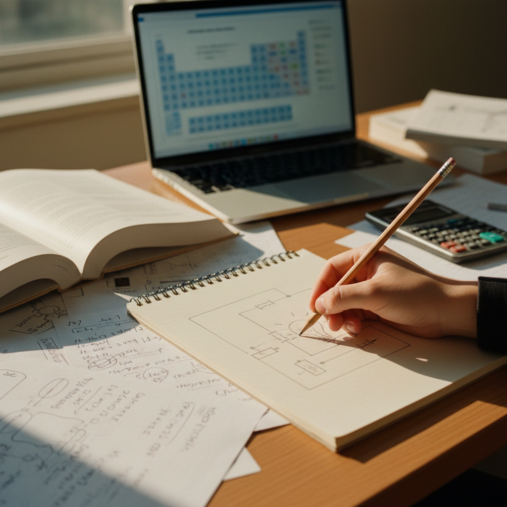A close-up of a student's hands using a graphite pencil to solve a geometry problem on a white paper next to a laptop displaying graphing software.