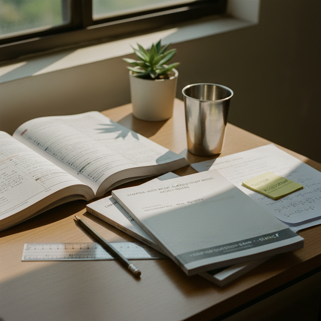A wooden study desk in an Indian home featuring a Class 10 NCERT Mathematics textbook, a calculator, and a notebook with handwritten equations under a warm desk lamp.