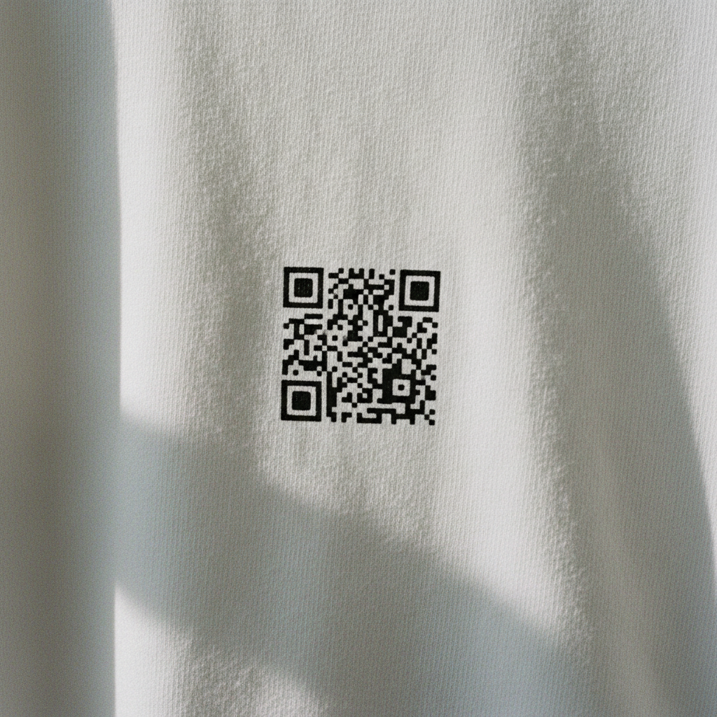 close-up de um QR Code Pix estampado em uma camiseta branca de algodão com alta nitidez profissional