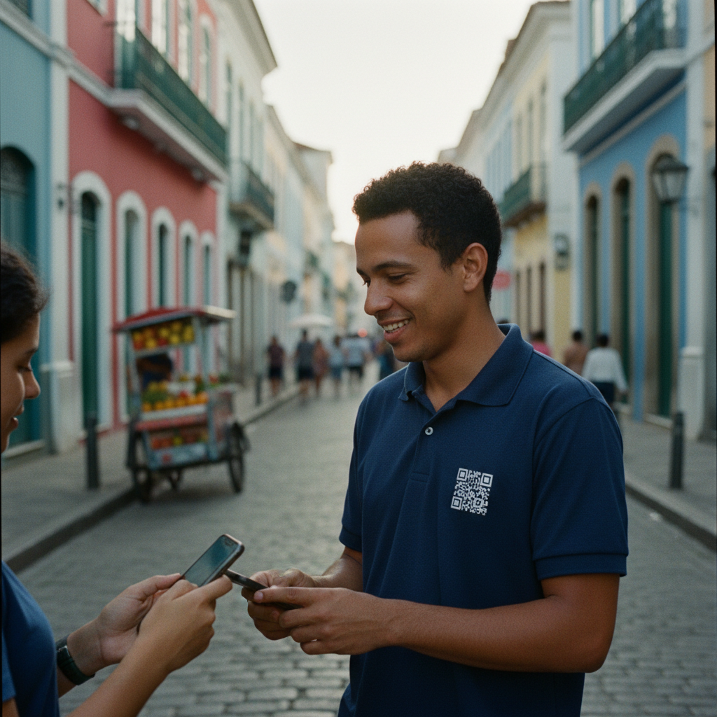 Vendedor ambulante vestindo camiseta personalizada com QR Code Pix enquanto atende cliente em ambiente externo no Brasil