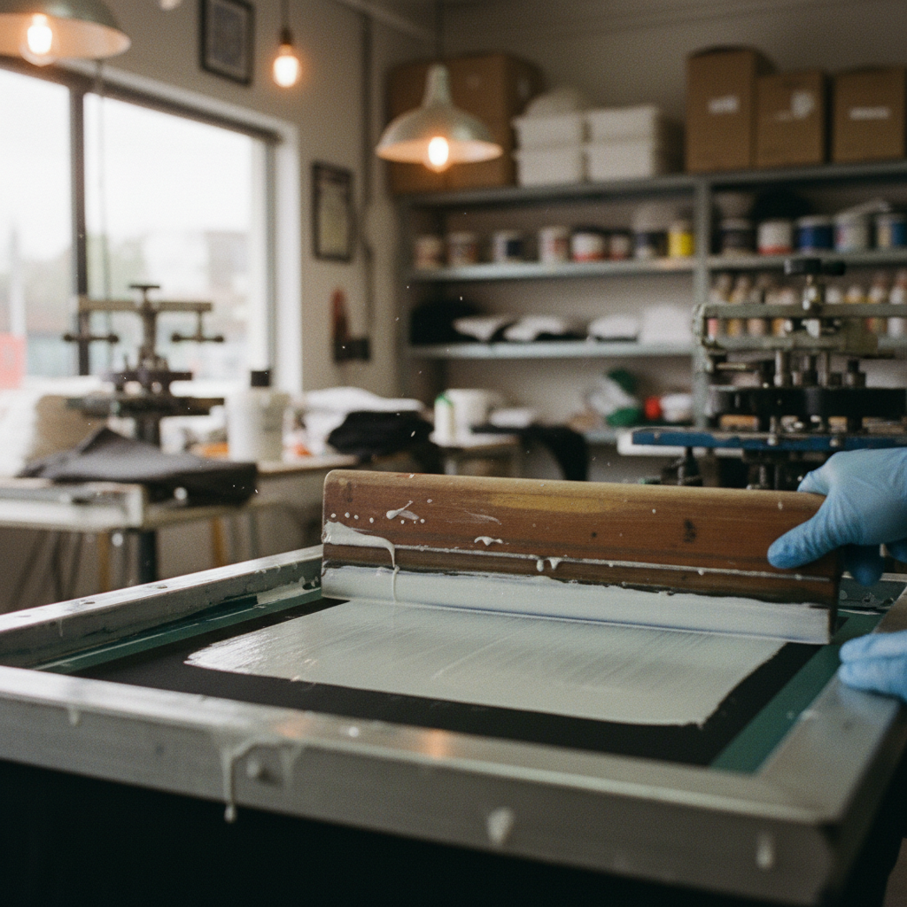 Processo de estamparia manual em uma mesa de serigrafia com rodo e tinta branca sobre tecido escuro.