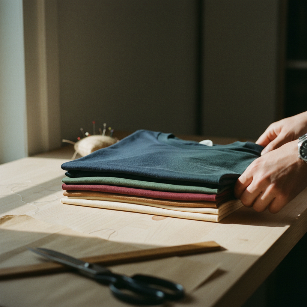 Pilha de camisetas de algodão dobradas em tons neutros sobre uma mesa de madeira clara em um estúdio iluminado por luz natural.