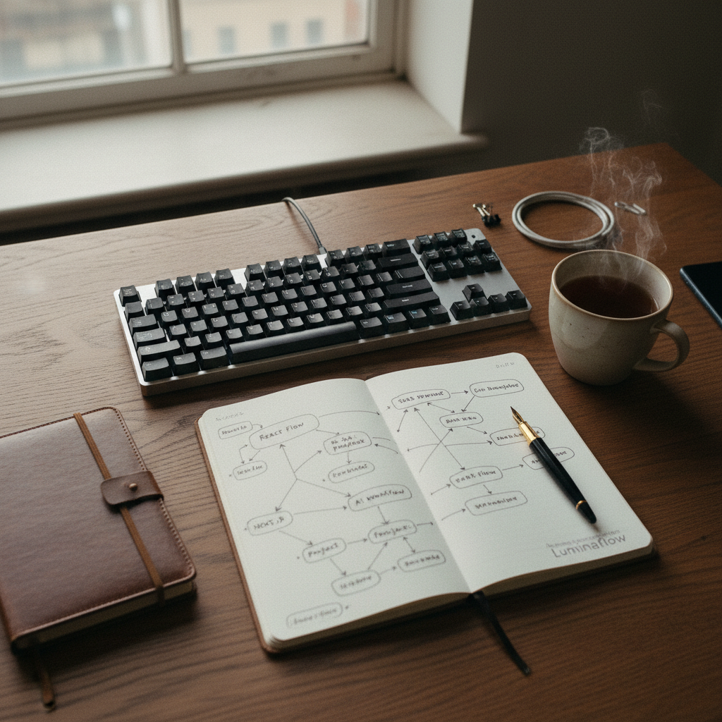 A clean, minimalist developer workspace in London with a mechanical keyboard, a notebook with flow diagrams, and a cup of tea.