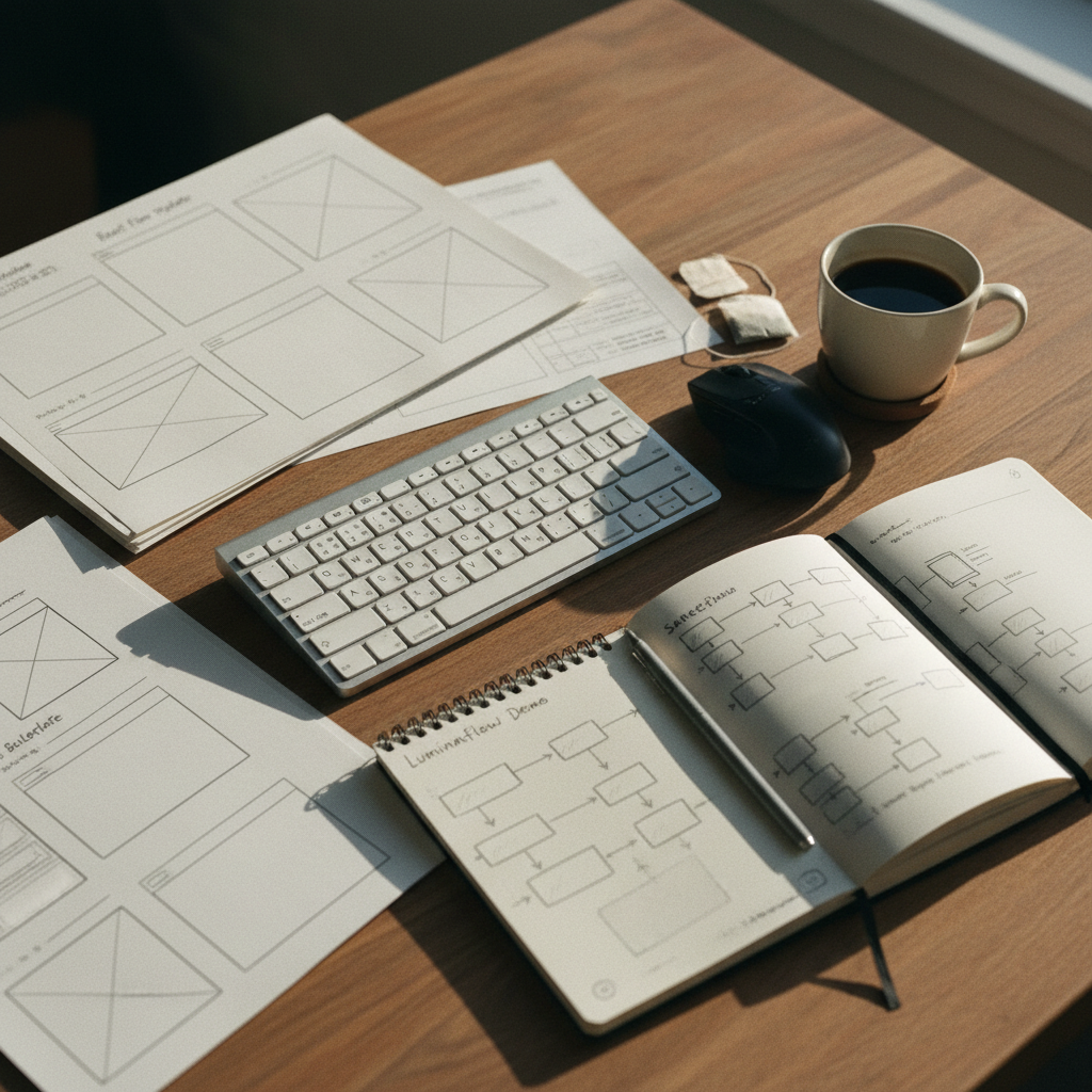 A clean wooden desk in a modern San Francisco home office with a mechanical keyboard, a high-end mouse, and a coffee mug next to a notebook.