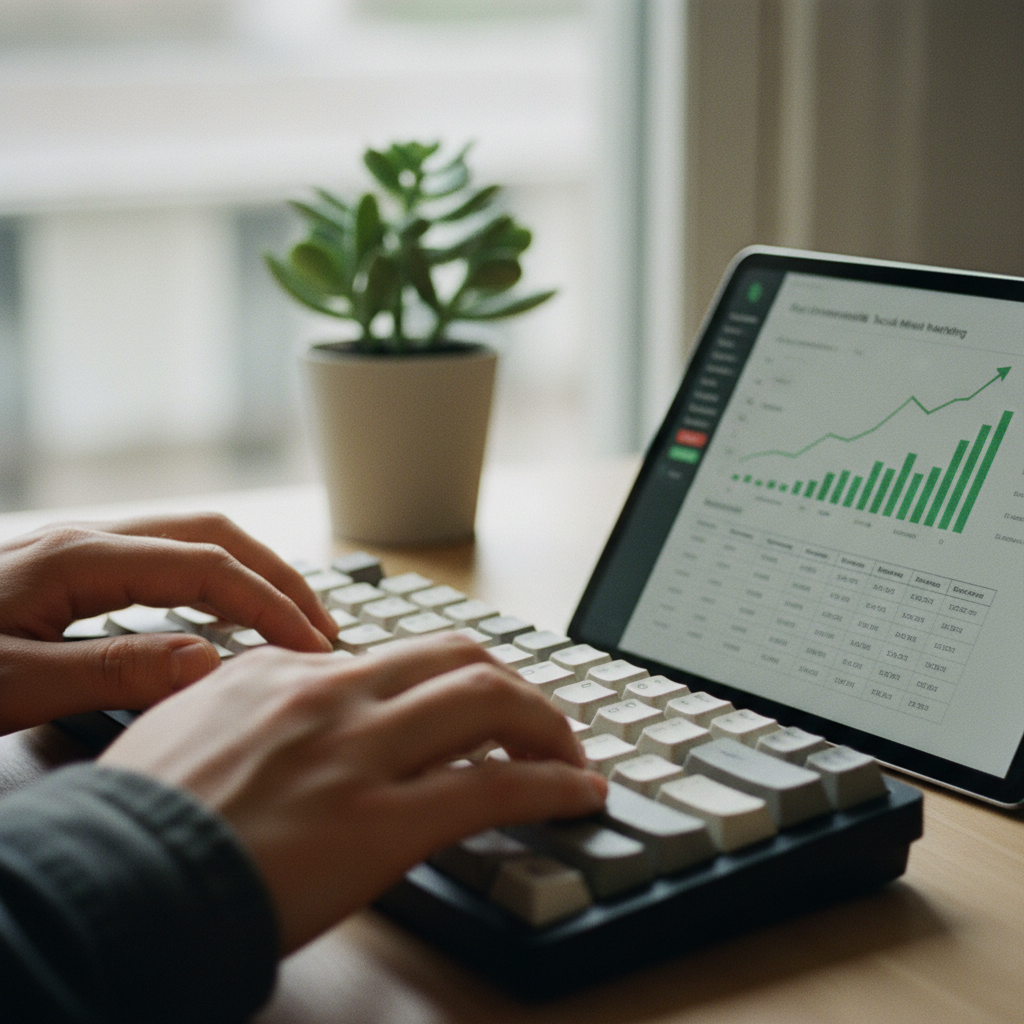 A close-up of a freelancer's hands typing on a mechanical keyboard next to a tablet showing growth charts.