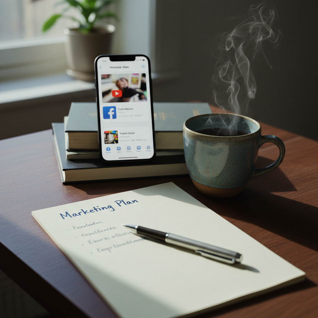 A top-down shot of a wooden desk in Dhaka featuring a smartphone displaying an Instagram profile, a cup of tea, and a notebook with handwritten marketing strategies.