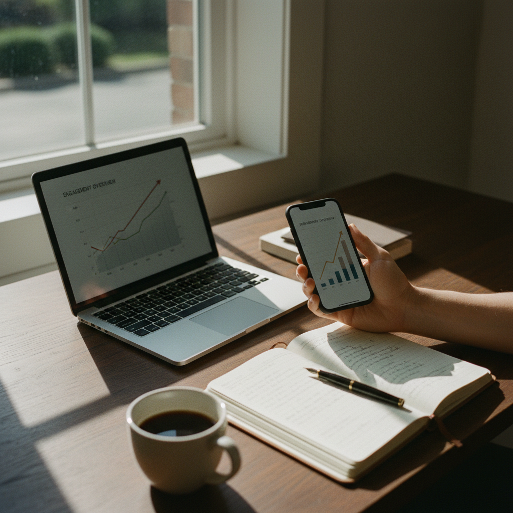 A clean, minimalist workspace in Mumbai with a laptop, a notebook, and a smartphone showing a social media dashboard.